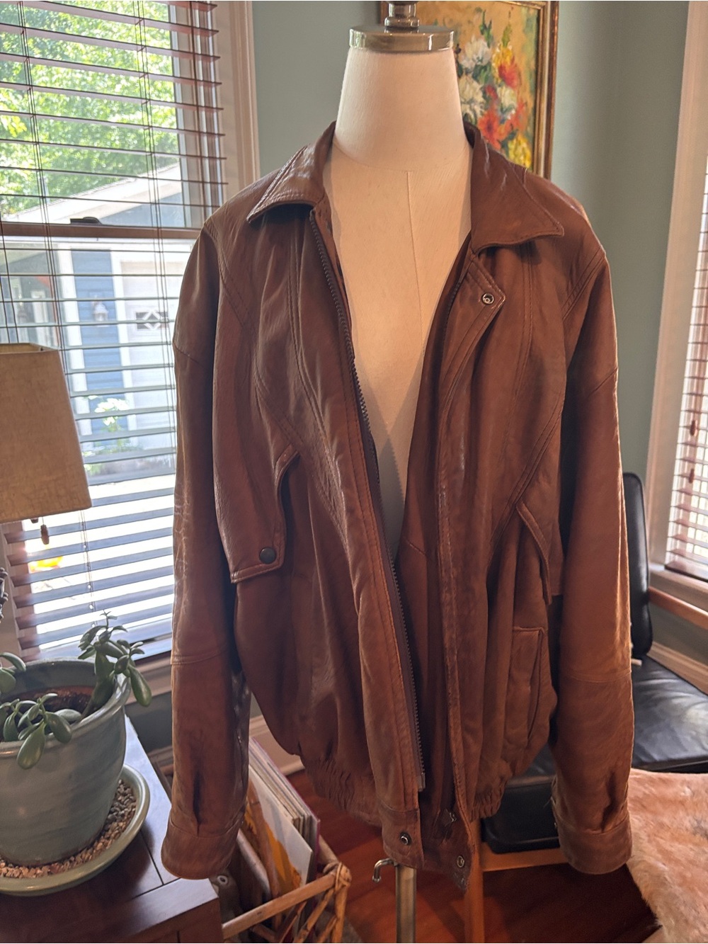 Men's Brown Leather Bomber Jacket Oversized Viral and Vintage